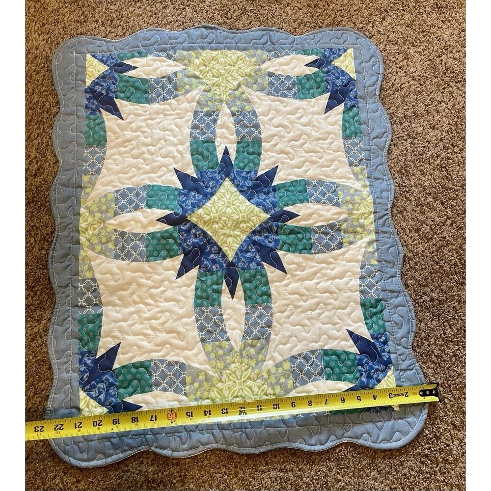 Quilted Double Wedding Ring Pillow Shams Blue Green Set of 2